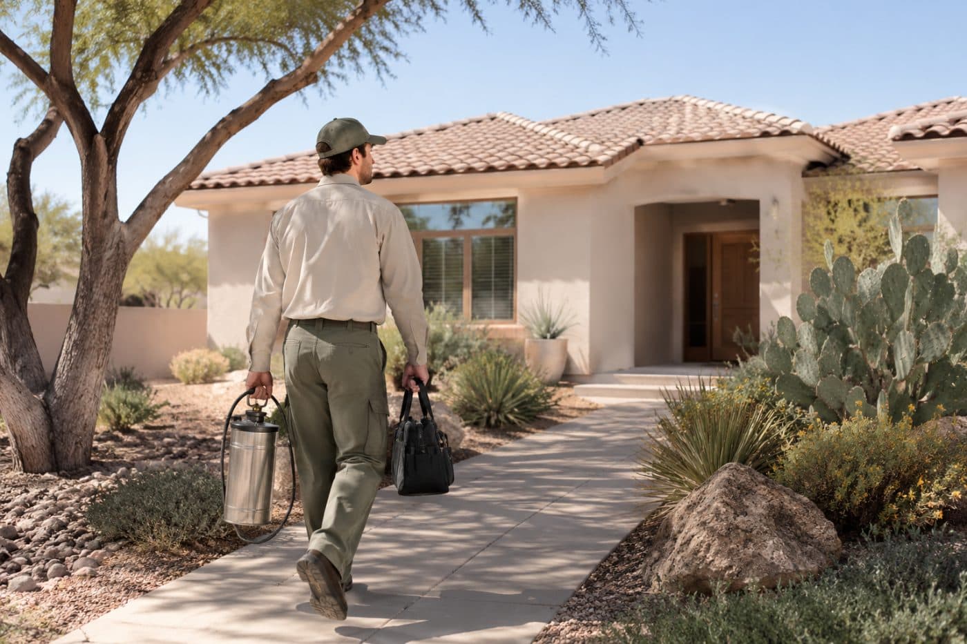Recurring pest plan technician walking up a Phoenix driveway