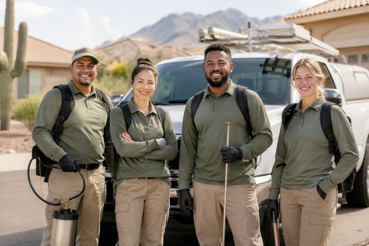 The fictional Cactus Bug Co. crew in front of a company truck